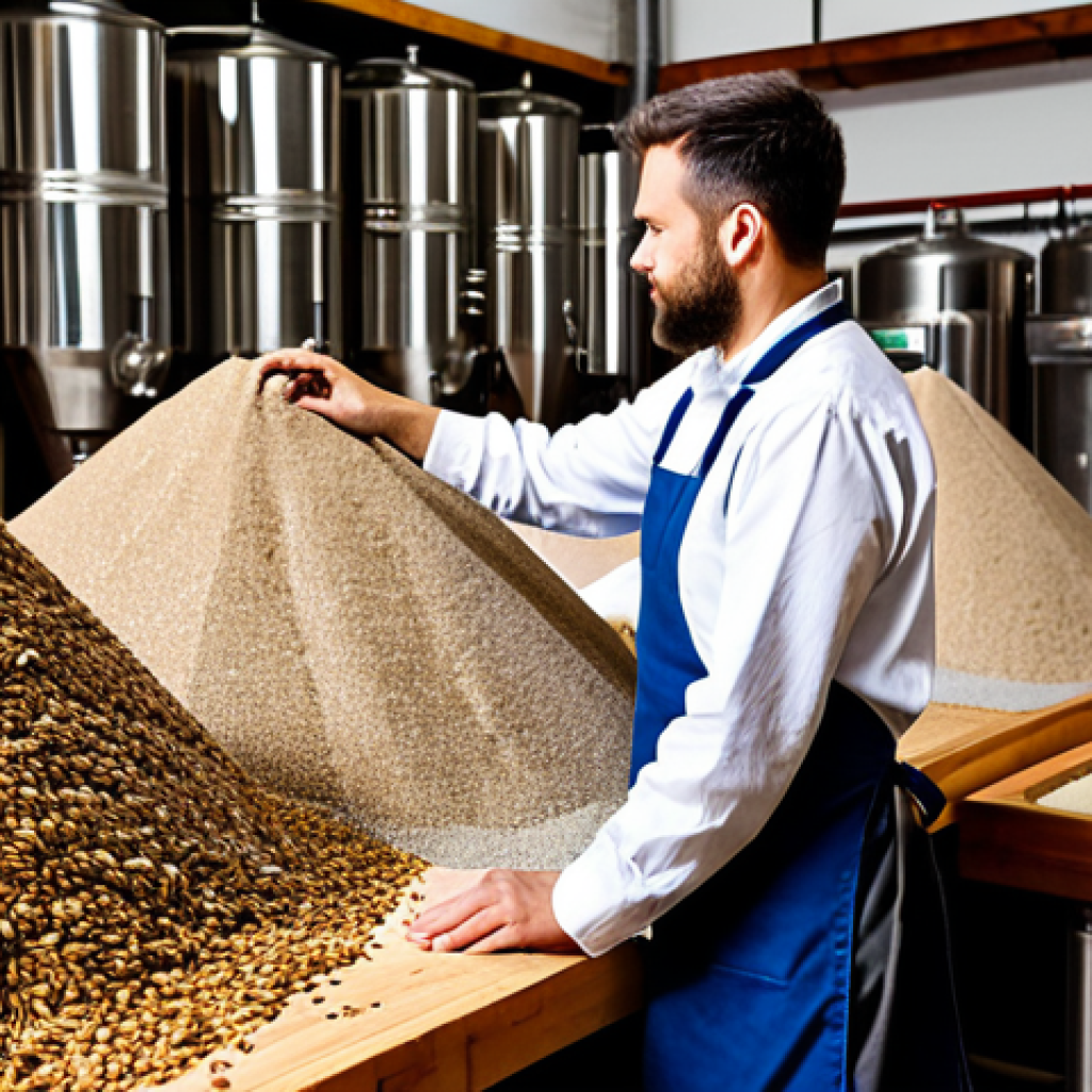 A professional adult brewmaster, fully clothed in a modest, clean professional work shirt and apron, standing thoughtfully in a well-organized, brightly lit craft brewery malt room. They are carefully inspecting small samples of diverse malt varieties, ranging from pale base malts to dark roasted malts, which are laid out on a clean wooden table. Behind them, neatly stacked sacks of different grains create a textured background. The scene emphasizes the nuanced art of grain selection, showcasing the different colors and textures of the malts. Perfect anatomy, correct proportions, natural pose, well-formed hands, proper finger count, natural body proportions. Professional photography, high quality, studio lighting, hyper-detailed, safe for work, appropriate content, fully clothed, professional.