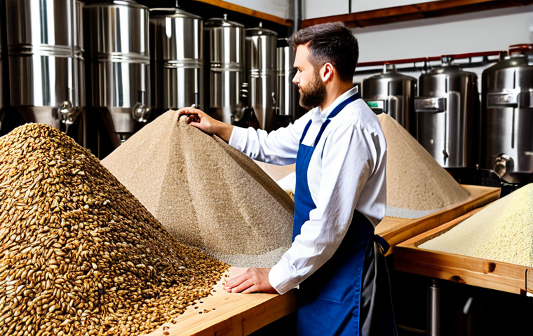 A professional adult brewmaster, fully clothed in a modest, clean professional work shirt and apron, standing thoughtfully in a well-organized, brightly lit craft brewery malt room. They are carefully inspecting small samples of diverse malt varieties, ranging from pale base malts to dark roasted malts, which are laid out on a clean wooden table. Behind them, neatly stacked sacks of different grains create a textured background. The scene emphasizes the nuanced art of grain selection, showcasing the different colors and textures of the malts. Perfect anatomy, correct proportions, natural pose, well-formed hands, proper finger count, natural body proportions. Professional photography, high quality, studio lighting, hyper-detailed, safe for work, appropriate content, fully clothed, professional.