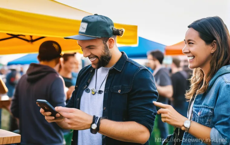 수제맥주 전시회와 페스티벌 - **Prompt:** A vibrant, bustling craft beer festival scene during the golden hour. A diverse group of...