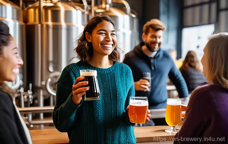 수제맥주에서의 여성 소비자 - A vibrant, naturally lit craft brewery taproom bustling with diverse groups of people. In the foregr...
