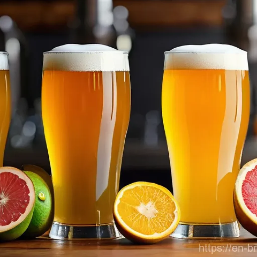 홉 품종별 맛 차이 - Unleashing the Juicy & Tropical Revolution - A Fruit-Forward Hop Explosion**
A high-resolution, vib...