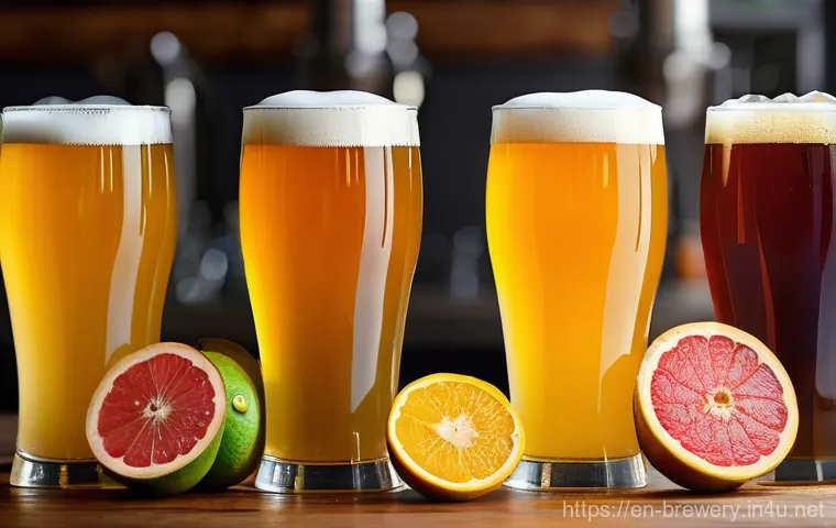 홉 품종별 맛 차이 - Unleashing the Juicy & Tropical Revolution - A Fruit-Forward Hop Explosion**
A high-resolution, vib...
