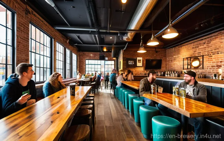 수제맥주 판매 전략 - A vibrant, bustling craft brewery taproom filled with a diverse group of patrons of all ages (15+), ...