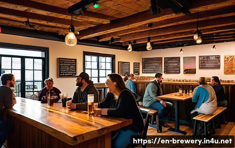 수제맥주 매출 상승 전략 - A cozy craft brewery taproom interior featuring warm wooden beams, soft ambient lighting, local artw...