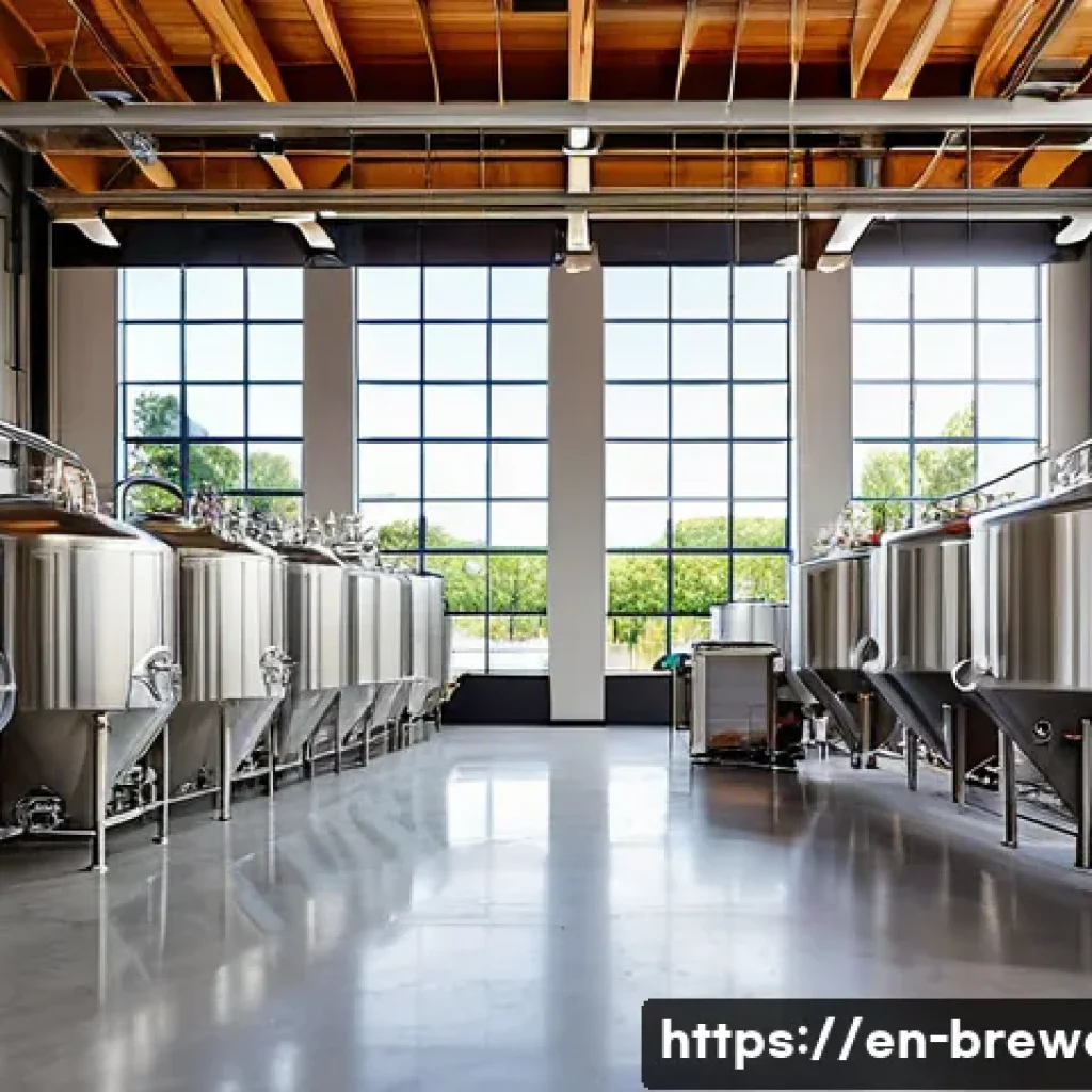 수제맥주 공장 설계 - A spacious modern craft brewery interior showcasing a clean, well-organized linear workflow from raw...