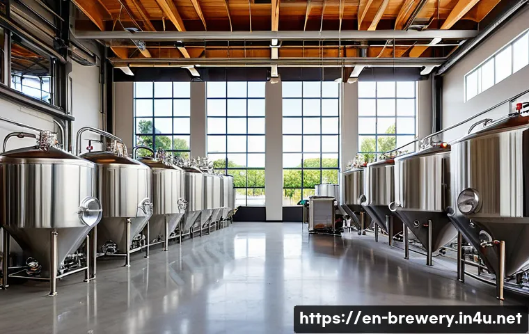 수제맥주 공장 설계 - A spacious modern craft brewery interior showcasing a clean, well-organized linear workflow from raw...
