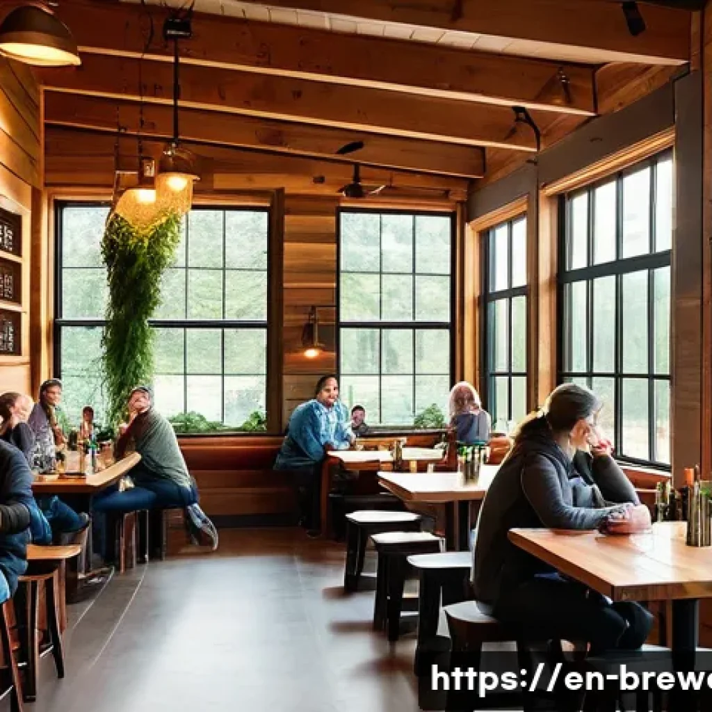 수제맥주와 로컬 문화 - A cozy, rustic craft brewery interior located in the Pacific Northwest, featuring wooden beams and l...