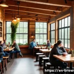 수제맥주와 로컬 문화 - A cozy, rustic craft brewery interior located in the Pacific Northwest, featuring wooden beams and l...