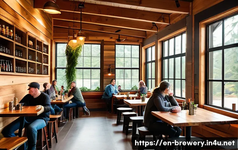 수제맥주와 로컬 문화 - A cozy, rustic craft brewery interior located in the Pacific Northwest, featuring wooden beams and l...