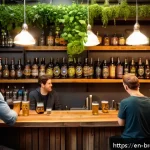 수제맥주와 비건 문화 - A cozy, modern craft brewery interior with diverse patrons enjoying vegan craft beers in stylish gla...