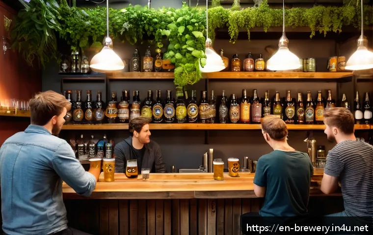 수제맥주와 비건 문화 - A cozy, modern craft brewery interior with diverse patrons enjoying vegan craft beers in stylish gla...