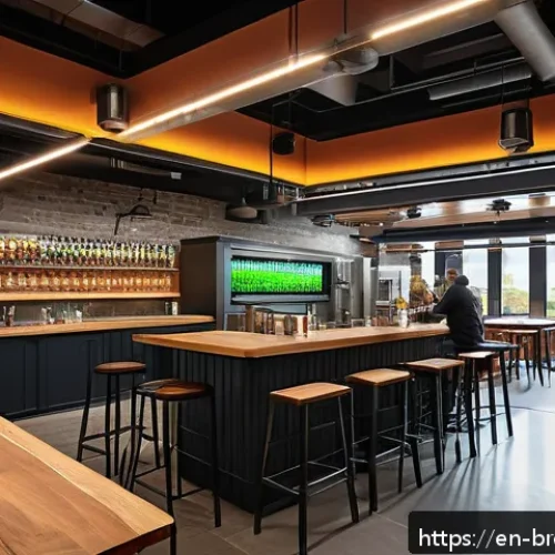 브루어리 보안 관리 - A modern craft brewery interior featuring a spacious taproom with warm, inviting lighting, discreetl...