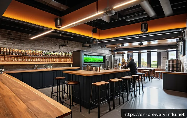 브루어리 보안 관리 - A modern craft brewery interior featuring a spacious taproom with warm, inviting lighting, discreetl...