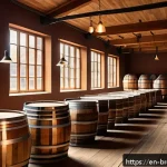 수제맥주와 전통 양조 기술 - A detailed, rustic craft brewery interior showcasing traditional brewing equipment: large wooden oak...