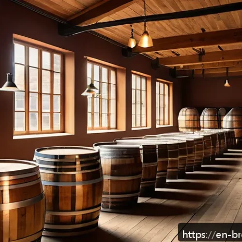 수제맥주와 전통 양조 기술 - A detailed, rustic craft brewery interior showcasing traditional brewing equipment: large wooden oak...