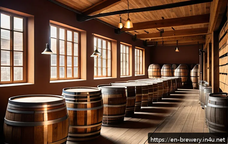 수제맥주와 전통 양조 기술 - A detailed, rustic craft brewery interior showcasing traditional brewing equipment: large wooden oak...