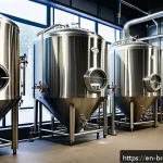 라거 맥주 특징 - A detailed brewery scene showcasing the lager fermentation process: a modern, clean brewery interior...