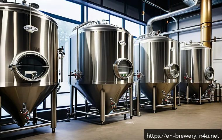 라거 맥주 특징 - A detailed brewery scene showcasing the lager fermentation process: a modern, clean brewery interior...
