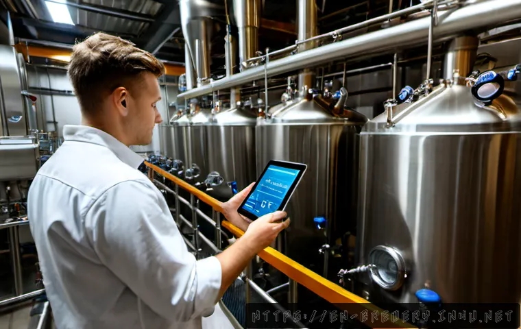수제맥주와 생산 공정 최적화 - Photorealistic craft brewery production floor, a skilled brewer in clean work clothes carefully moni...
