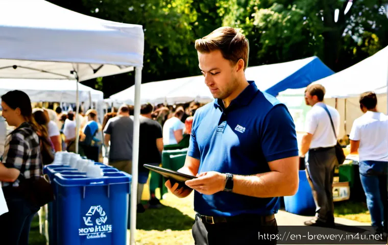 수제맥주 축제 운영법 - Photorealistic craft beer festival operations scene in a sunny American downtown park, experienced e...