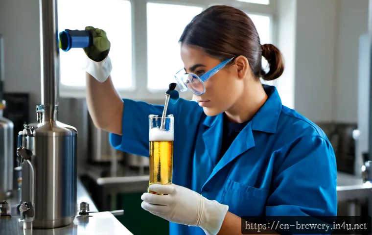 브루어리에서의 품질 테스트 - Photorealistic craft brewery quality-control laboratory, a focused technician in clean work clothes ...