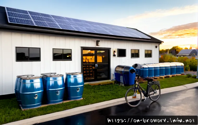 브루어리의 환경친화적 경영 - Photorealistic modern craft brewery exterior in a small American town, solar panels across the roof,...
