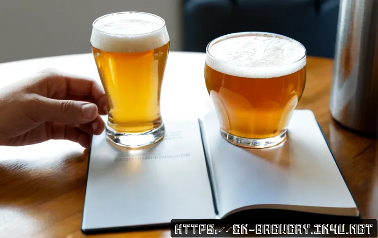 수제맥주 시음 평가 방법 - Photorealistic craft beer tasting evaluation scene in a bright modern home kitchen, three small unbr...