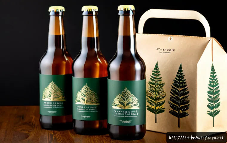 고급 수제맥주 패키징 디자인 - Photorealistic premium craft beer packaging presentation, three unbranded amber glass bottles with e...