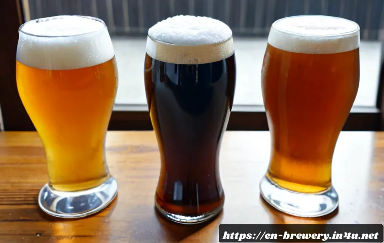 Home 30 수제맥주 스타일 비교 - Photorealistic overhead comparison of four distinct craft beer styles in clear unbranded tasting gla...